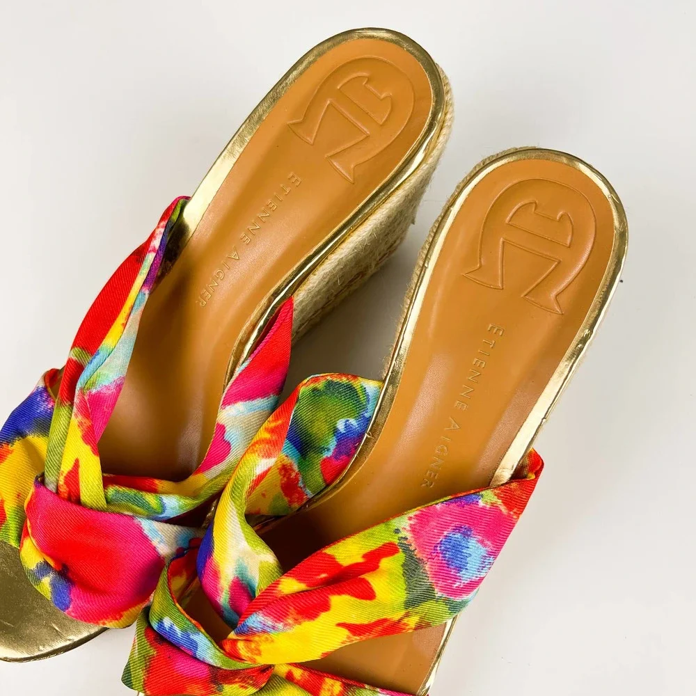 Etienne Aigner 8 Krista Watercolor Tie Dye Espadrille Wedge Sandals 3.5” Heel